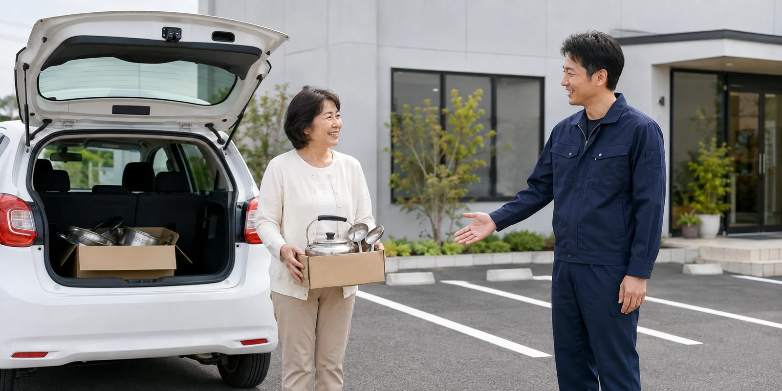 車から金属製品を持ち込み、スタッフが案内するイメージ